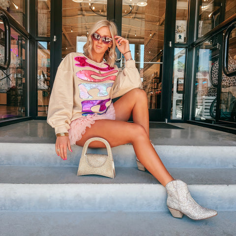 Tan Queen Back Sparkles Oversized Sweatshirt