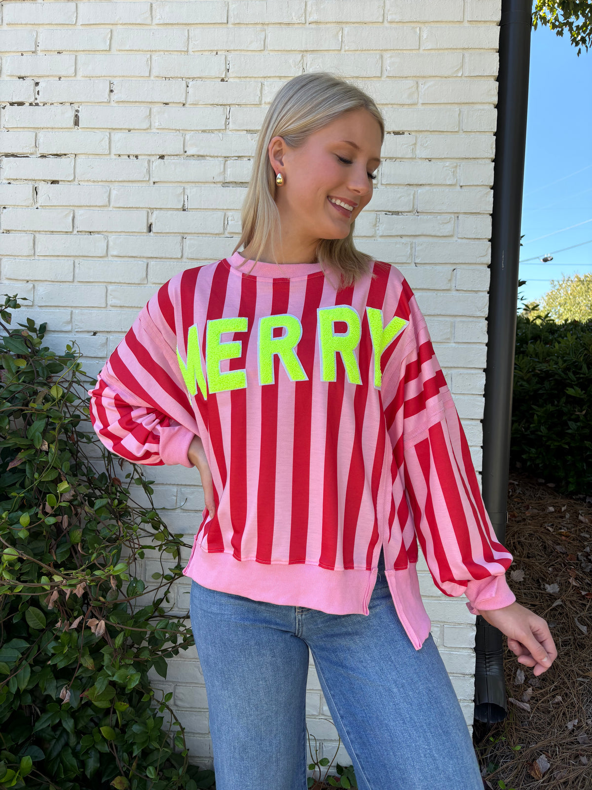 Neon Merry Pink And Red Stripped Sweatshirt